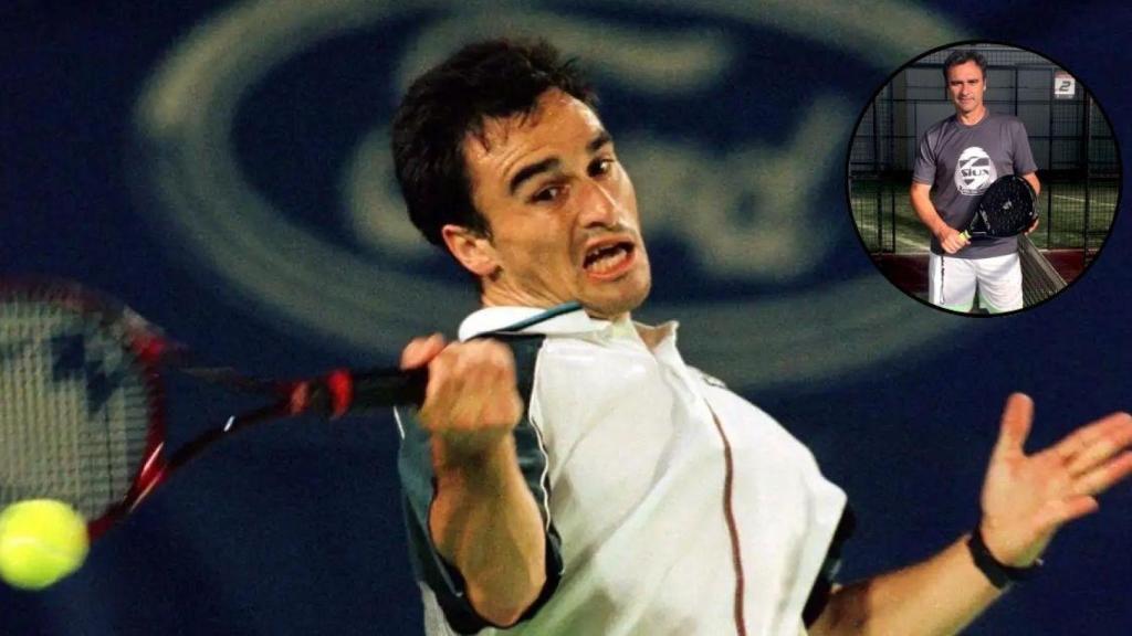 Alberto Berasategui golpea a la bola durante un encuentro. En la parte de arriba, en su negocio de pádel.