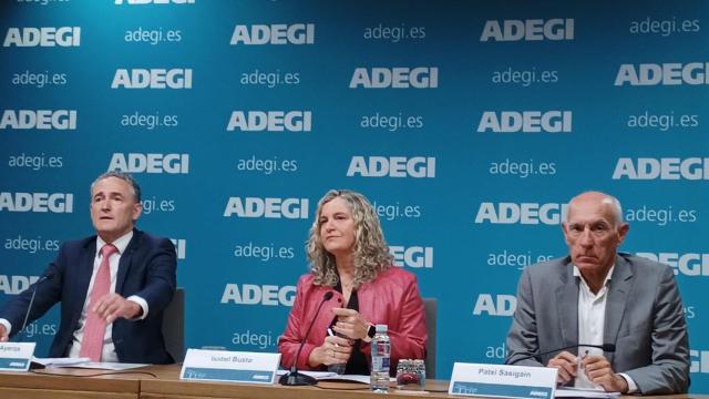 La presidenta de Adegi, Isabel Busto, el director general, Jose Miguel Ayerza, y el director de competitividad e innovación, Patxi Sasigain.
