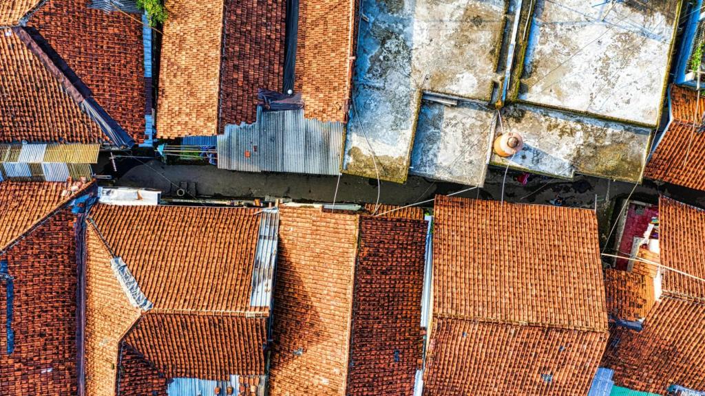 Toma aérea de un conjunto de viviendas.