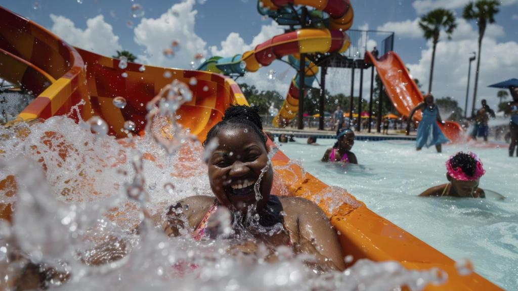 Una mujer disfruta de un parque de agua.