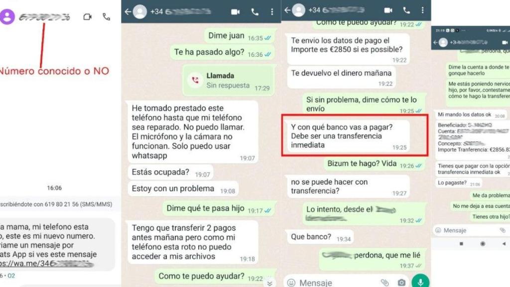 Capturas de pantallas de la estafa 'hijo en apuros'