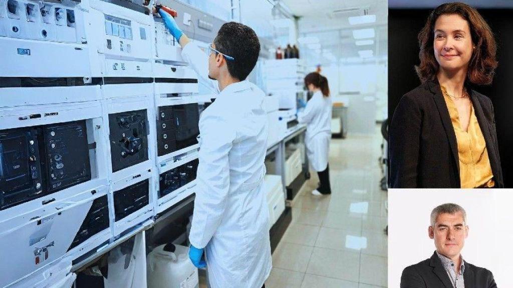 A la izquierda, laboratorios de Veolia en España, a la derecha, Estelle Brachlianoff y Daniel Tugues