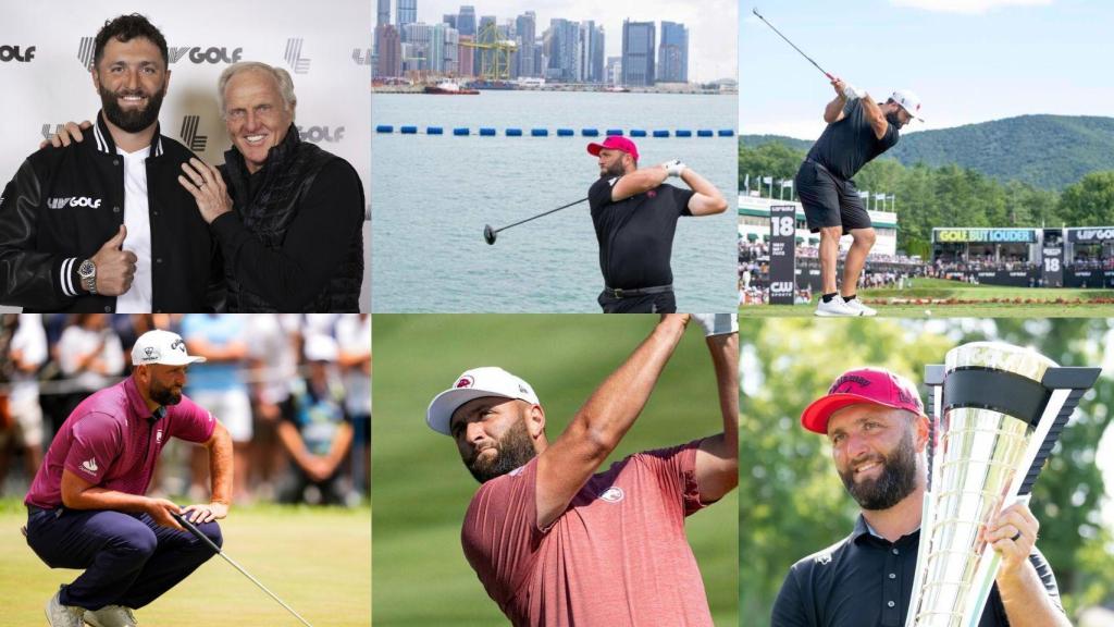 De izquierda a derecha y de arriba a abajo: la firma del acuerdo de Rahm del LIV Golf en 2024 y encuentros de esta temporada: Singapur, Virginia, Andalucía, Chigago e Indianápolis