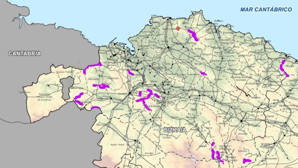 En morado, zonas catalogadas por el PTS como Localización seleccionada para energía eólica
