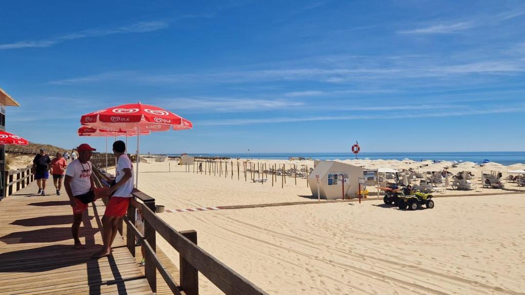 Cientos de hamacas y sombrillas se agolpan en esta playa “ escoltada ” por bares y restaurantes