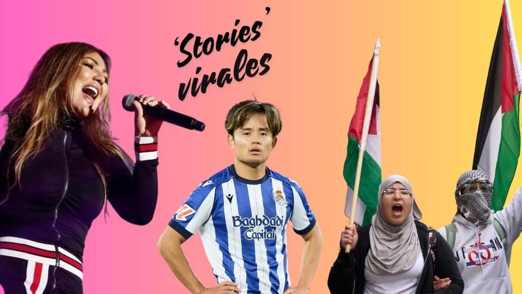 De izquierda a derecha: Amaia Montero, Take Kubo y dos manifestantes en Euskadi contra Israel