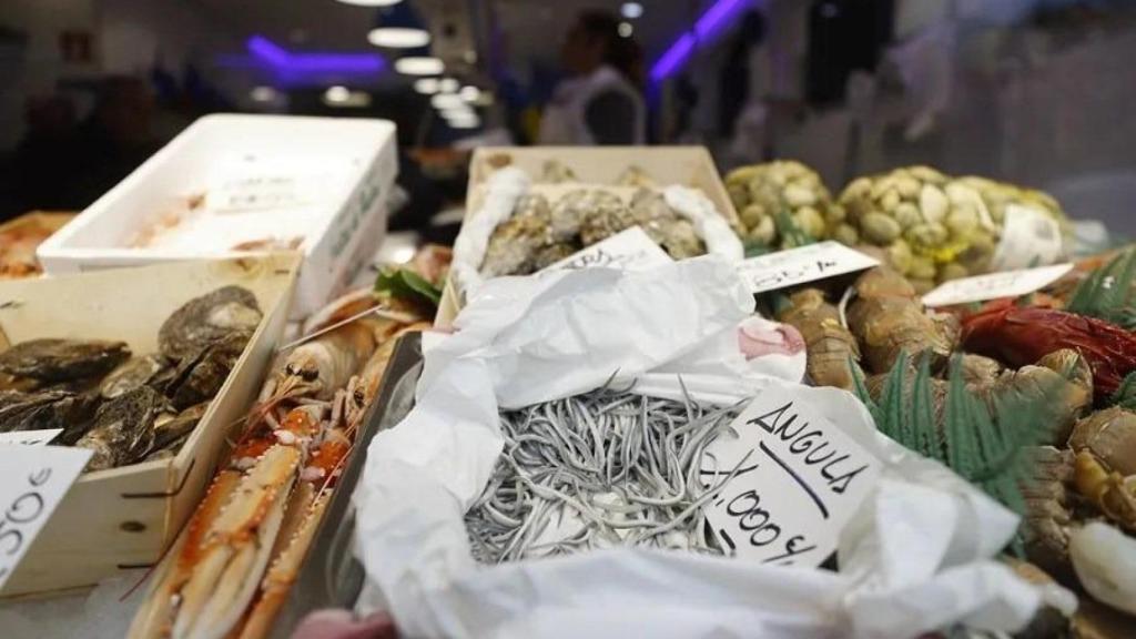 Venta de angulas en una pescadería de Bilbao