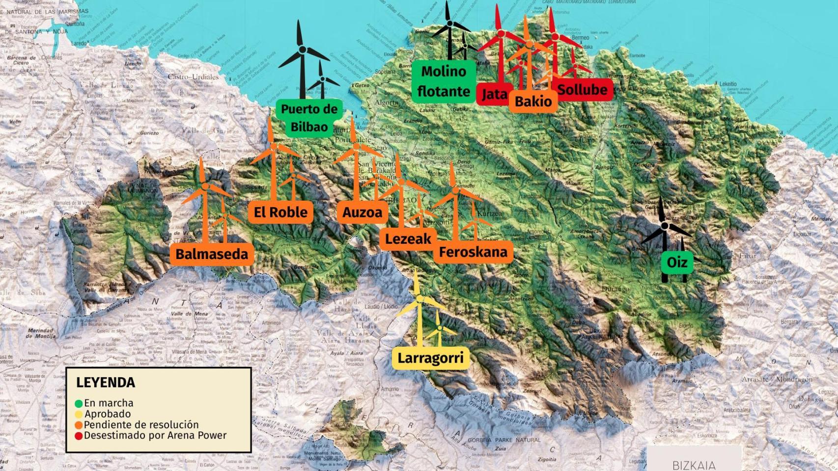 Mapa de los proyectos eólicos en tramitación en Bizkaia