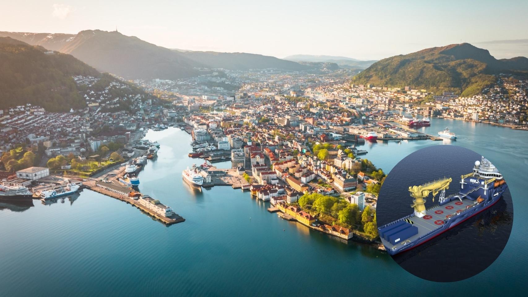 Puerto de Bergen, Noruega, con una imagen del buque piloto