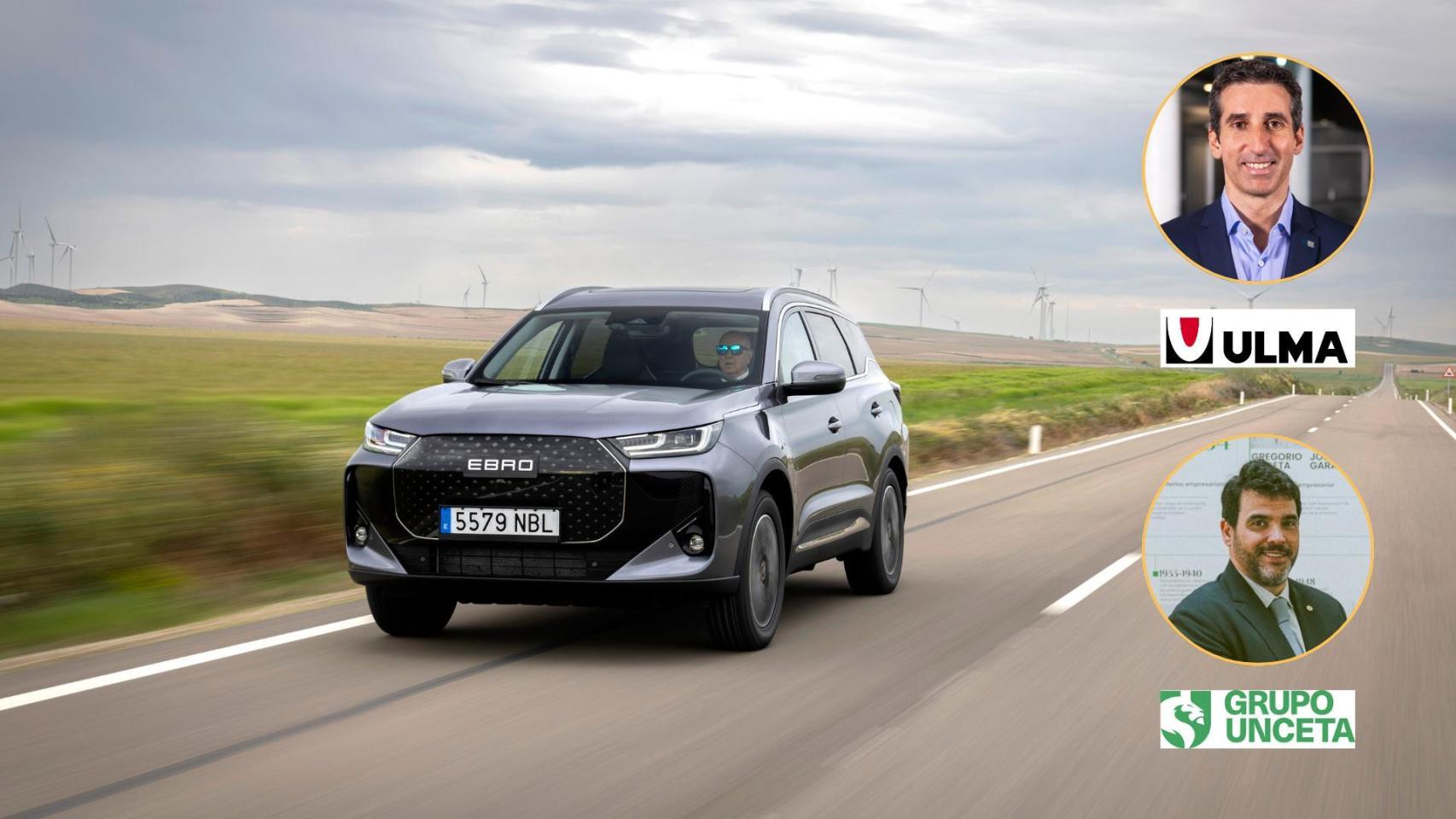 Un modelo de coche Ebro y los dos proveedores vascos con quien cuentan para la fabricación de sus coches, Ulma y Unceta