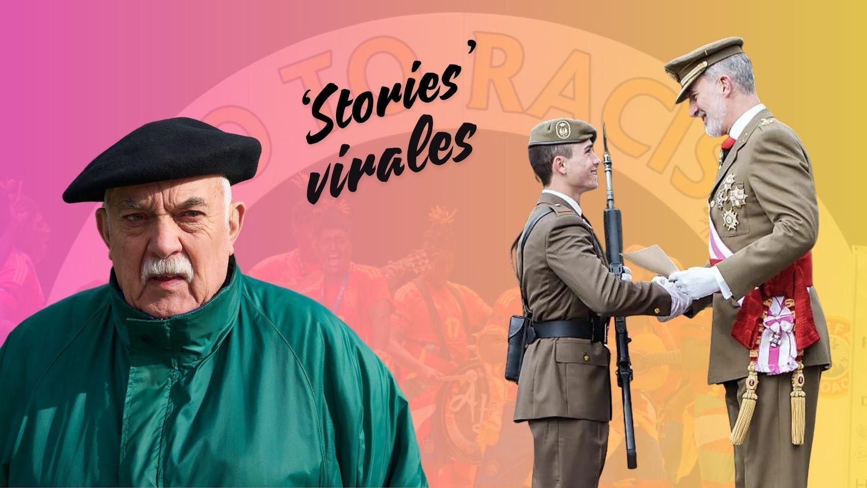 De izquierda a derecha: un agricultor vasco en contra del acuerdo de la Unión Europea con Mercosur, y Jannai y el Rey Felipe VI, en la entrega del diploma por ser el primero de su promoción