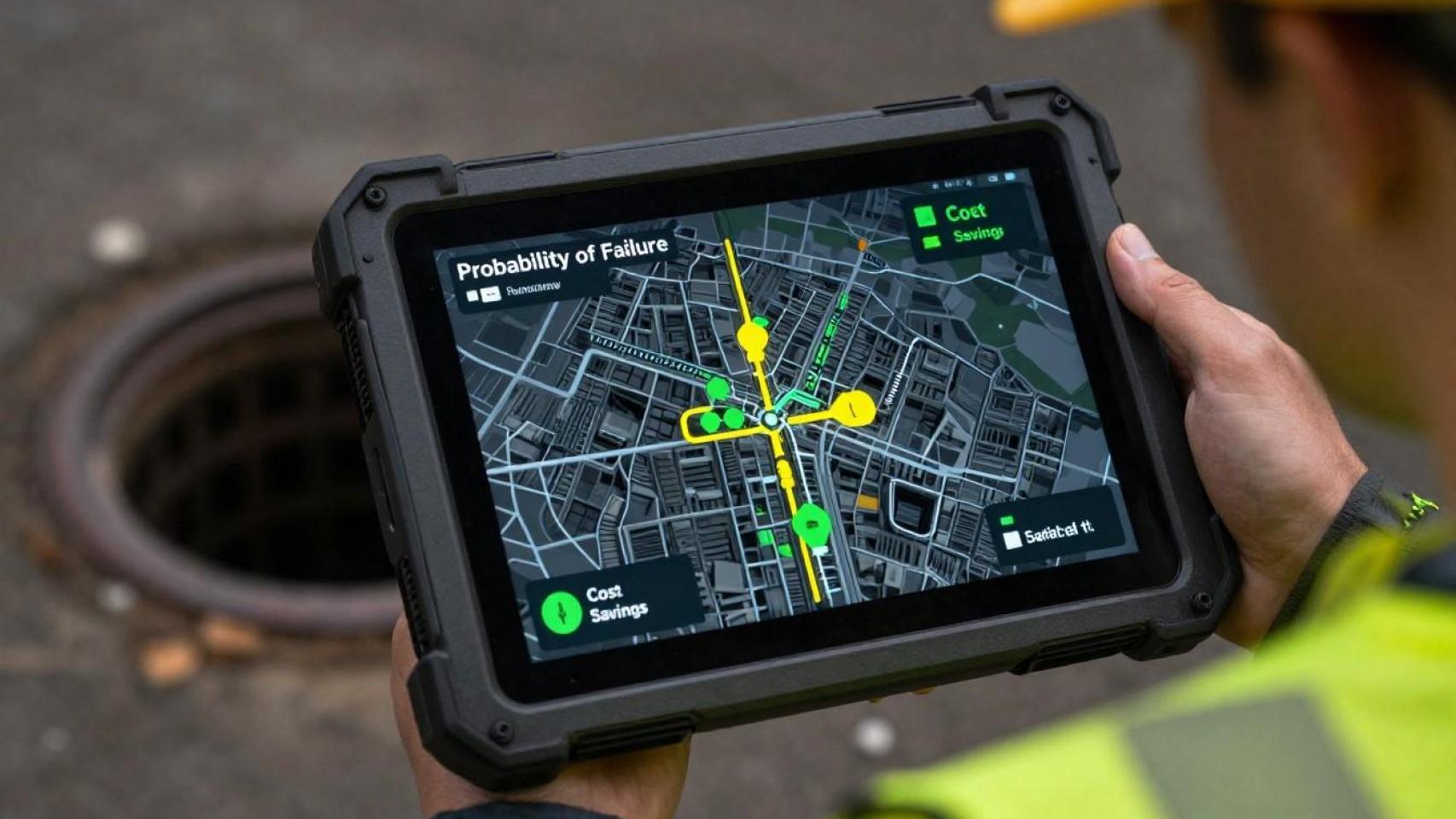 Primer plano de la pantalla de una tableta resistente que sostiene un ingeniero