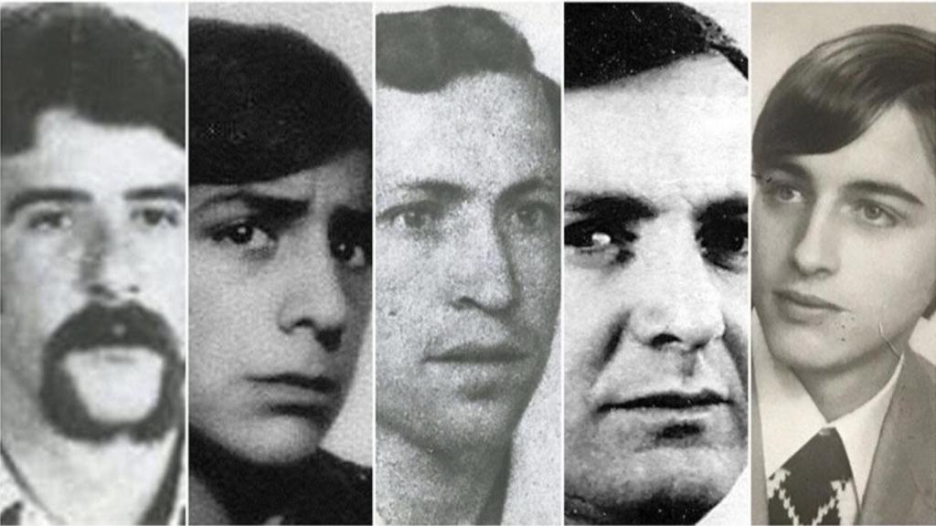 Los rostros de los asesinados, en orden: Pedro María Martínez, Francisco Aznar Clemente, José Castillo, Bienvenido Pereda y Romualdo Barroso.