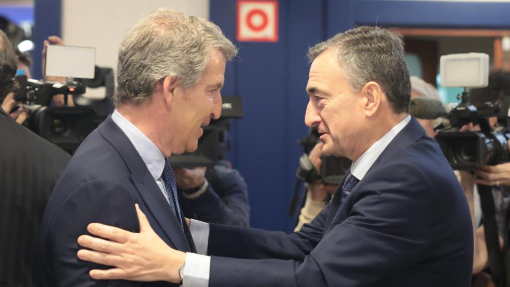 Saludo entre el presidente del PP, Alberto Núñez Feijóo, y el líder del PNV, Aitor Esteban