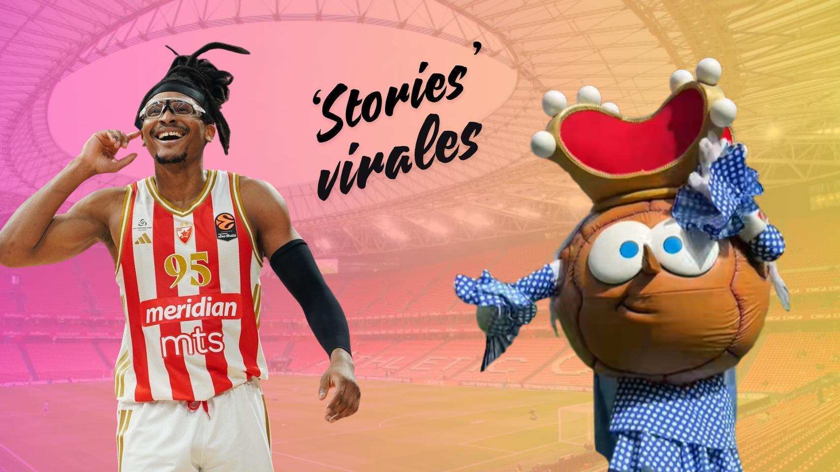 De izquierda a derecha: el actual jugador del Estrella Roja, Moneke, y la mascota de la Real Sociedad, Txurdin