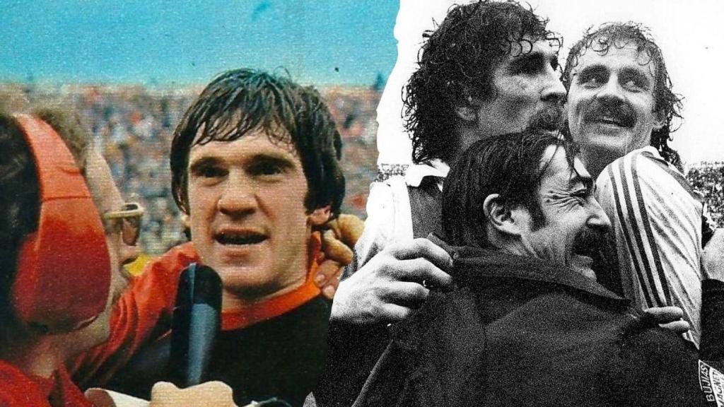 Arconada y Satrústegui (primero por la derecha), tras proclamarse campeones de liga.