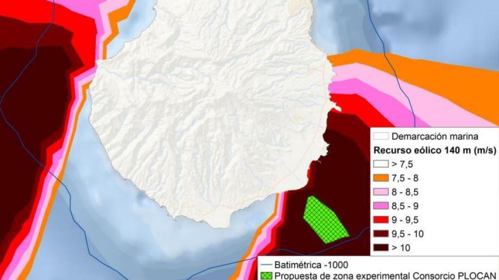 Los proyectos de Sener e Iberdrola irían situados cerca de la zona de experimentación de Plocan (en verde), al sudeste de la isla de Gran Canaria