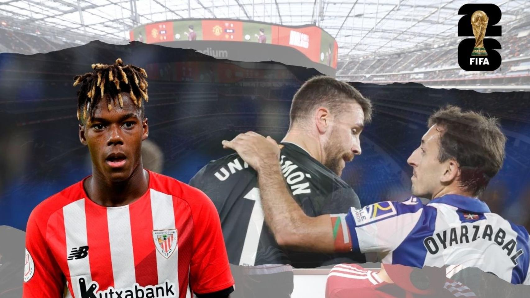 Nico Williams (i), Unai Simón (c) y Mikel Oyarzabal (d), jugadores del Athletic Club y Real Sociedad, respectivamente.