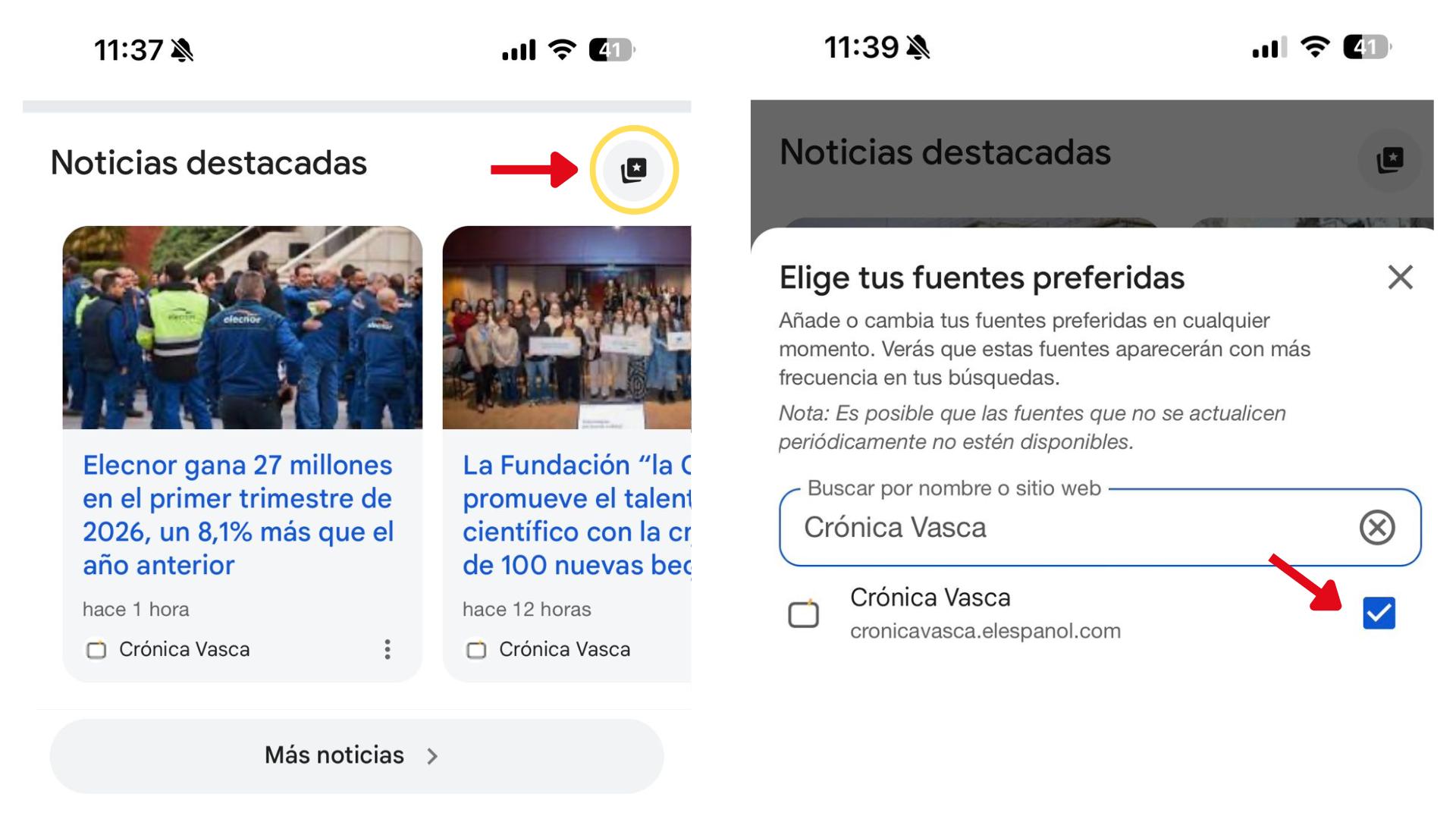 La nueva funcionalidad de Google: para añadir Crónica Vasca como fuente preferida