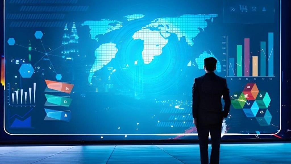 Un hombre ante una gran pantalla con diversa información