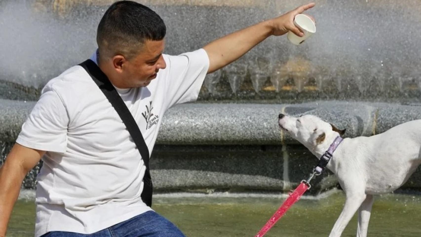 Un hombre refresca a su perro en Bilbao durante un episodio de calor 