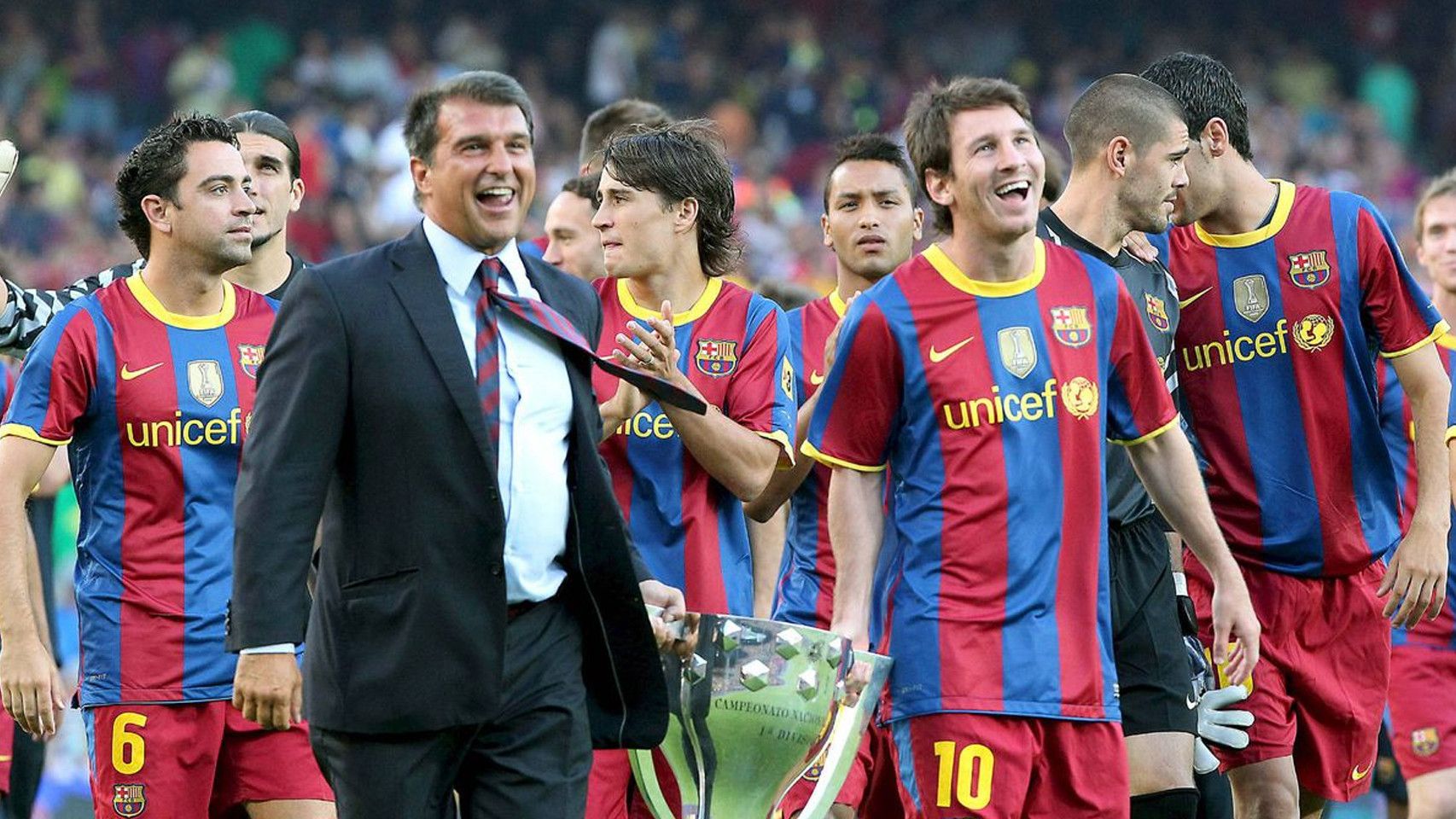 Laporta i Messi celebren el títol de la Lliga del Barça a la 2010-11