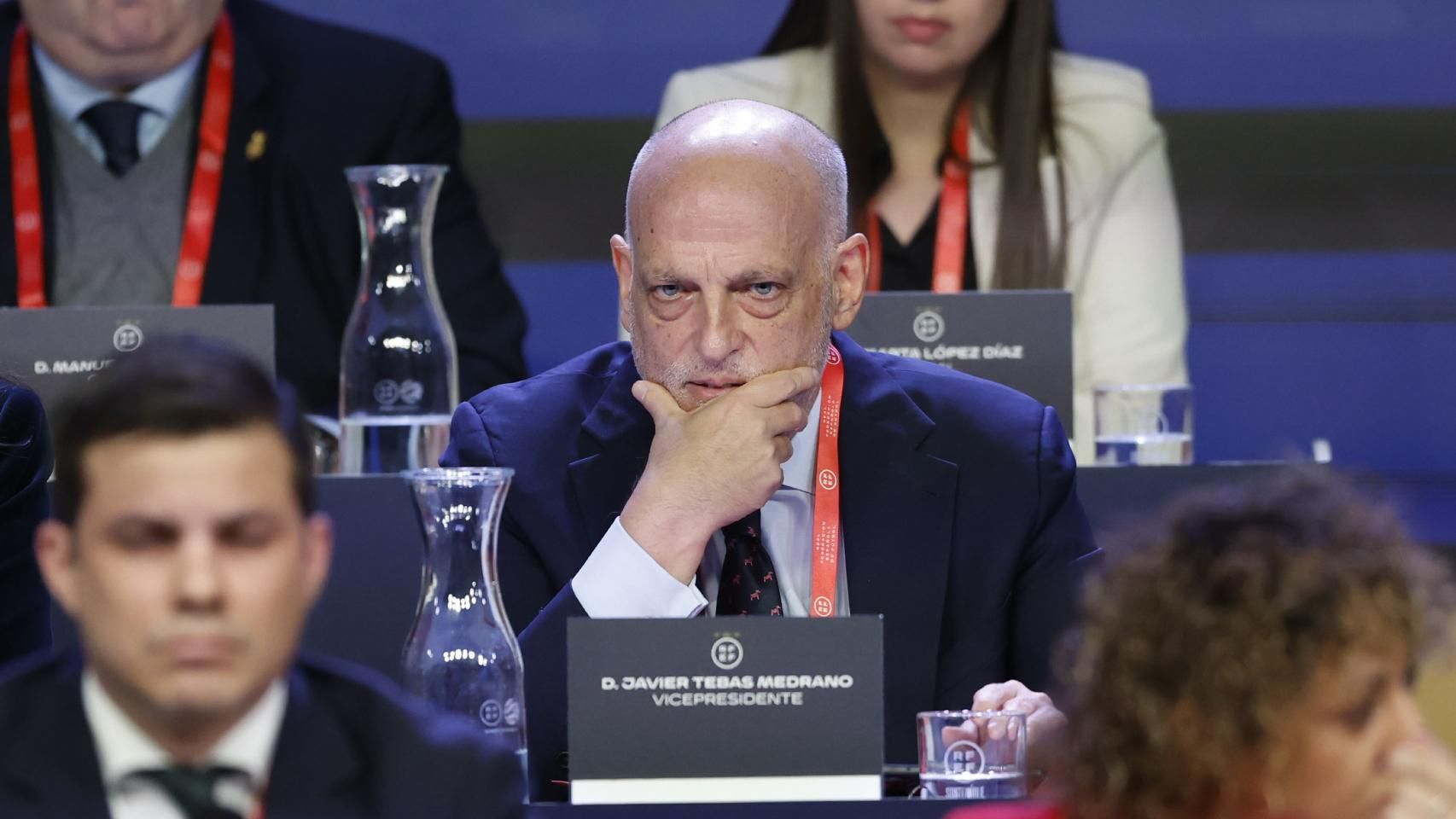 Javier Tebas, presidente de la Liga, en un acto de la Real Federación Española de Fútbol (RFEF)