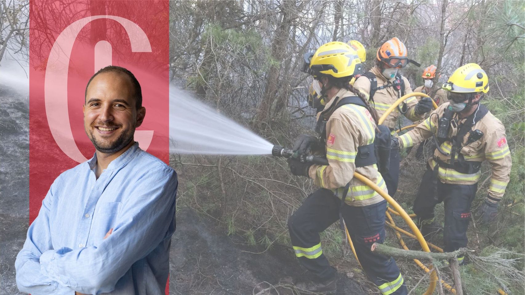 Gerard Mateo y una imagen de bomberos apagando un incendio