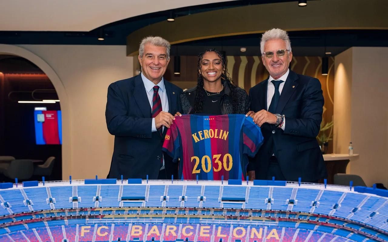 Joan Laporta y Xavier Puig presentan el fichaje de Kerolin Nicoli con el Barça Femenino