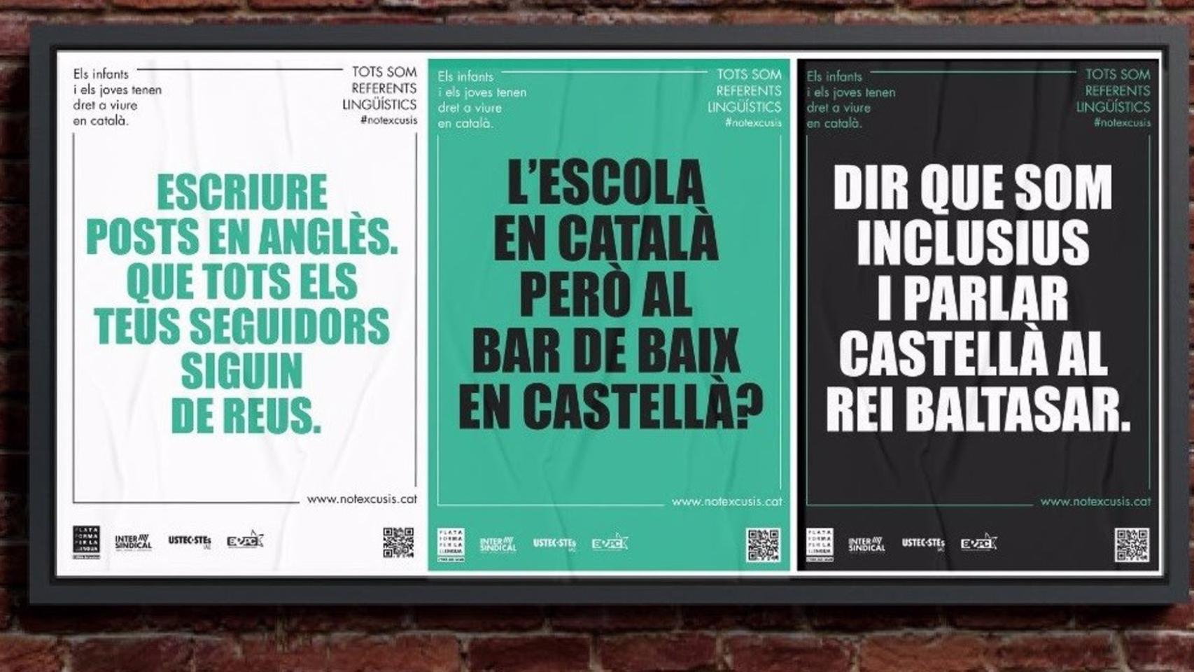 Carteles de rechazo a otros idiomas en una campaña impulsada por Plataforma per la Llengua y sindicatos educativos secesionistas en 2022 / PLATAFORMA PER LA LLENGUA