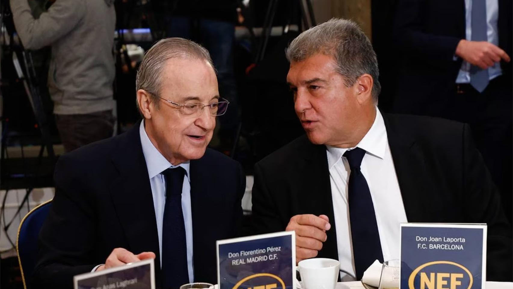 Laporta y Florentino Pérez, durante una reunión con Anas Laghrari, socio comercial / REDES