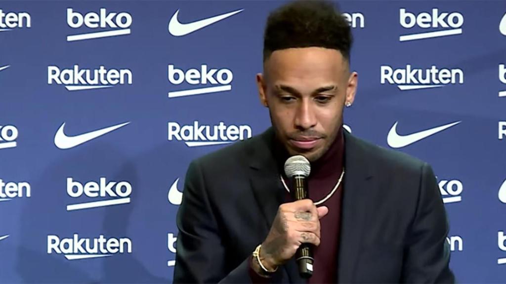 Pierre-Emerick Aubameyang, durante su presentación oficial con el Barça