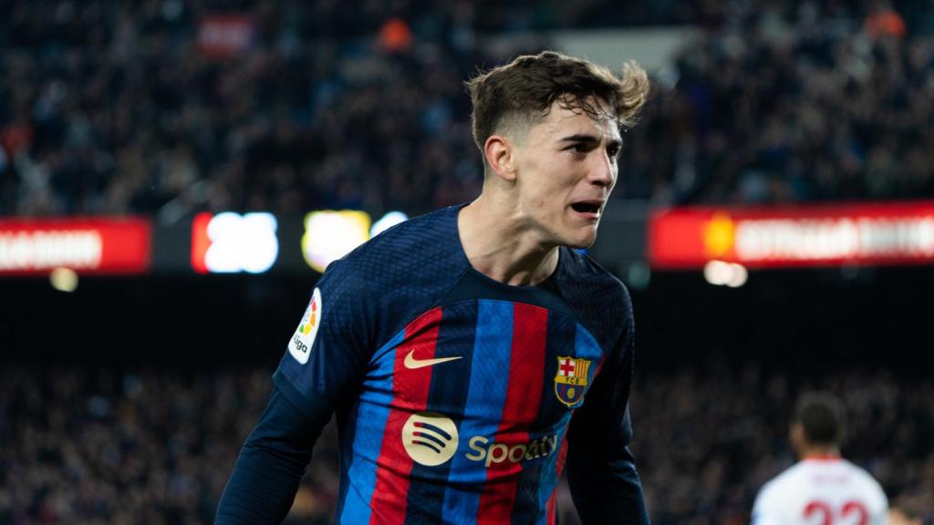 Gavi celebra un gol contra el Sevilla, antes de su inscripción en el primer equipo / Luis Miguel Añón (CG)