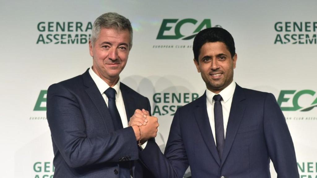 Gil Marín y Nasser Al Khelaifi, en la asamblea de la ECA