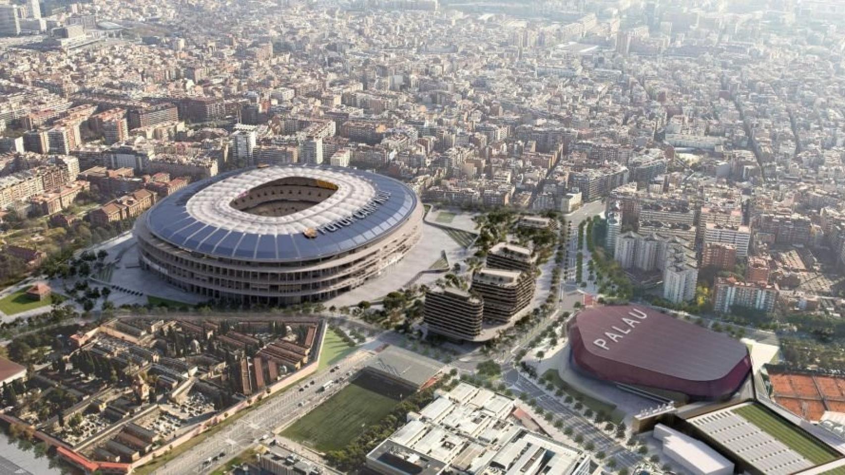 Recreación virtual del futuro Espai Barça, con el Camp Nou reformado y el nuevo Palau / FCB
