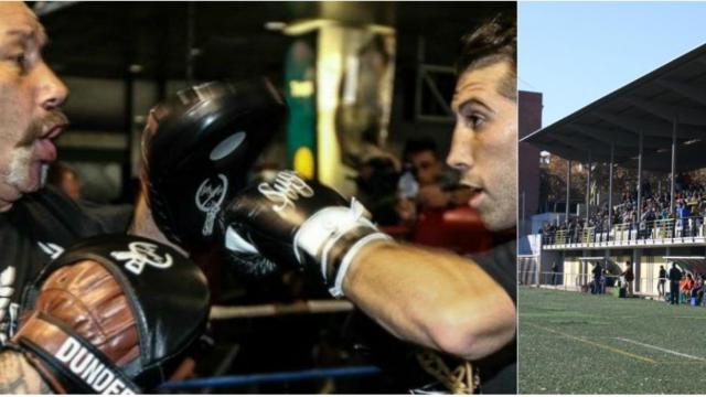 Rafa Martín con Sandor Martín durante un entrenamiento. A la derecha, el campo de la Montañesa