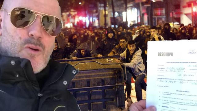 Fotomontaje de uno de los directivos de Desokupa y una de las protestas del desalojo de los okupas de Can Vies / M.A.