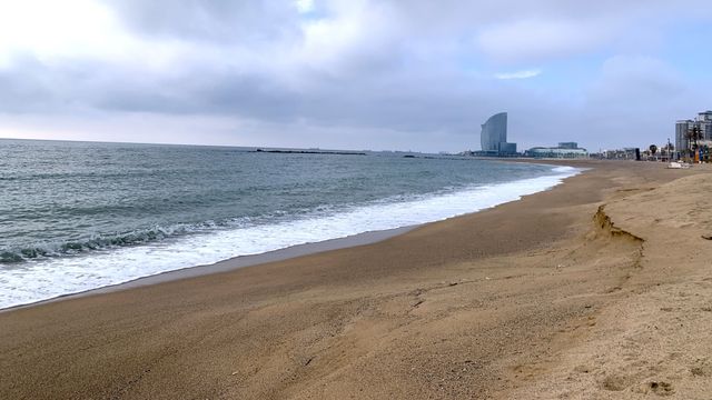 Vista general de la playa (casi virgen) de la Barceloneta durante la reclusión por coronavirus / V.M.