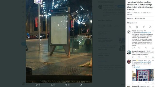 Tweet de la Guardia Urbana anunciando que los mensajes vandálicos ya han sido retirados/ TWITTER-GU