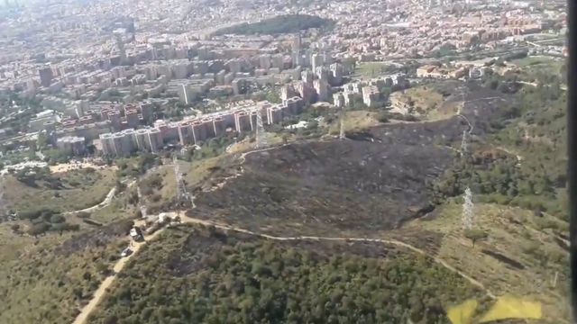 Imagen de la zona quemada por el incendio en la carretera alta de Roquetes, en el Parque de Collserola (Barcelona) / BOMBEROS DE BARCELONA