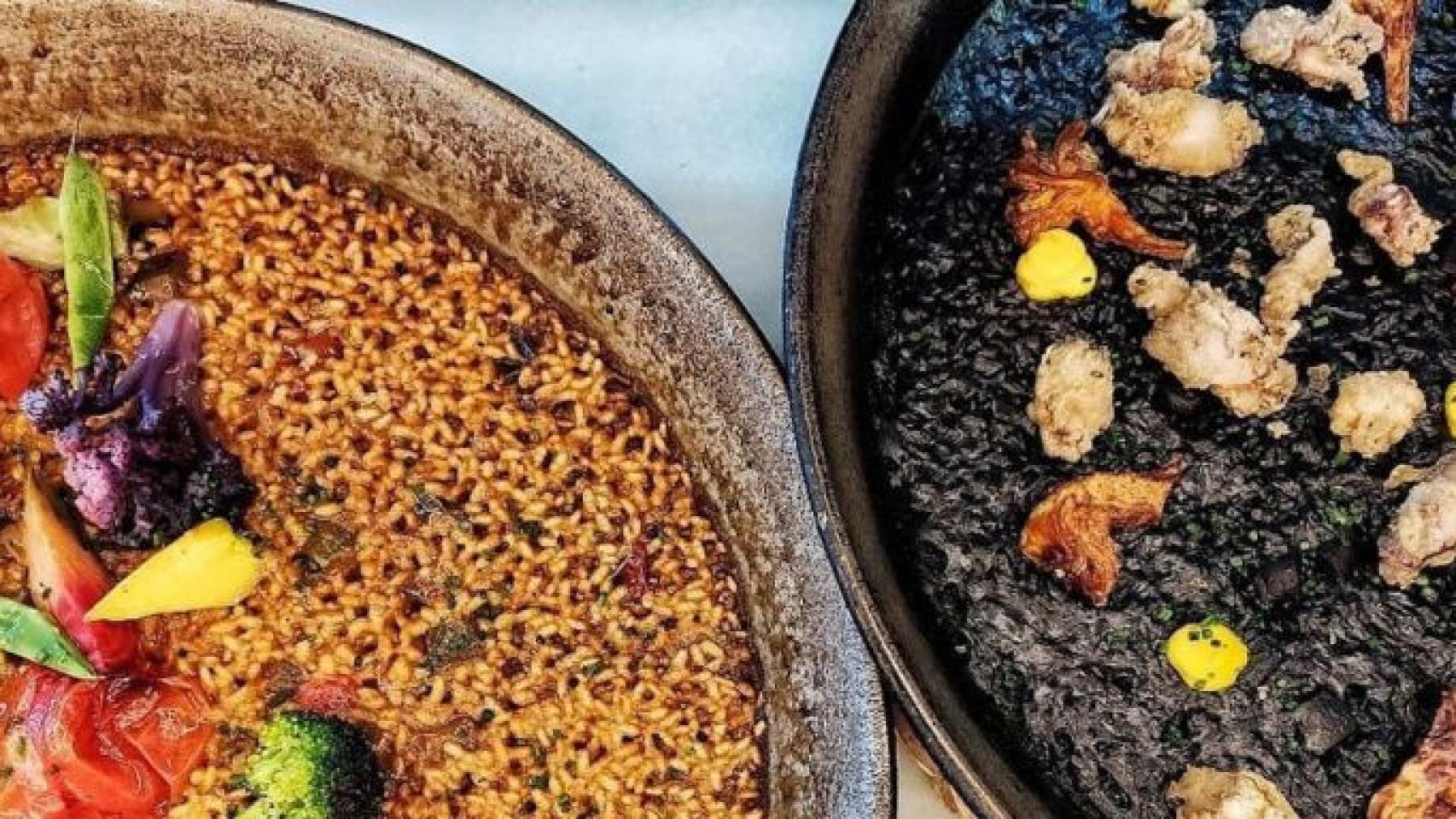 Imagen de archivo de una paella y un arroz negro