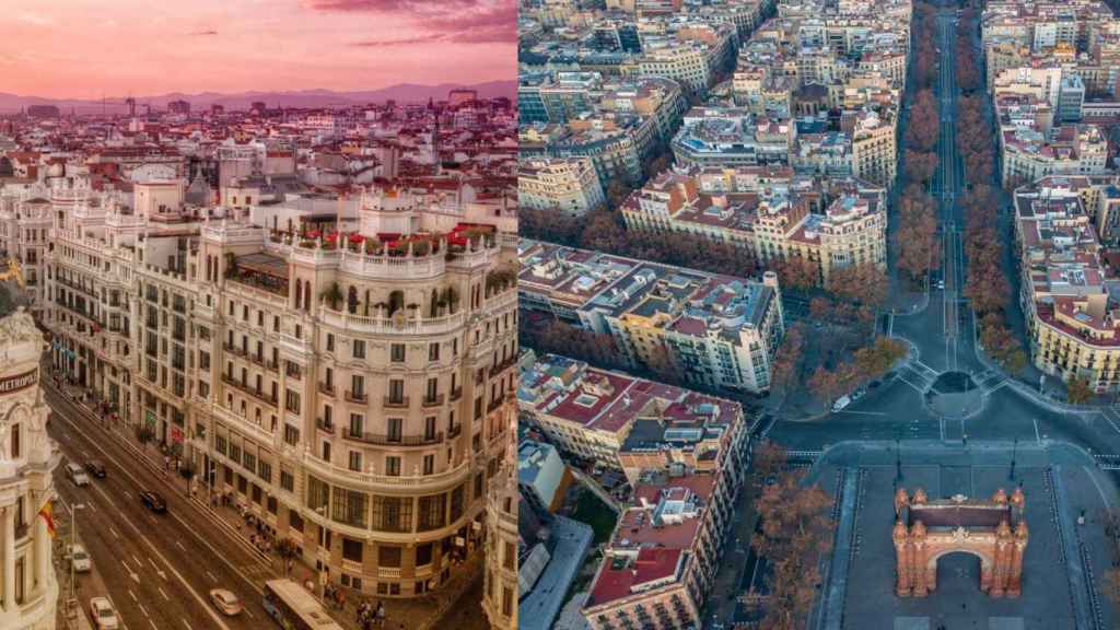 Vista aérea de las ciudades de Madrid y Barcelona