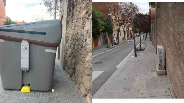 A la izquierda, el contenedor bloqueando la acera, y a la derecha, ya retirado / TWITTER MERCÈ AMAT