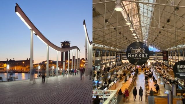 Fotomontaje de la entrada del Maremagnum, donde se situará el mercado gastronómico de Barcelona, y de un formato similar en Lisboa / FOTOMONTAJE