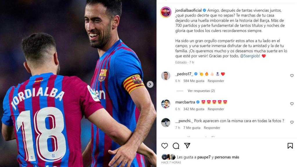 Jordi Alba despide a Busquets en redes sociales tras anunciar su adiós al Barça