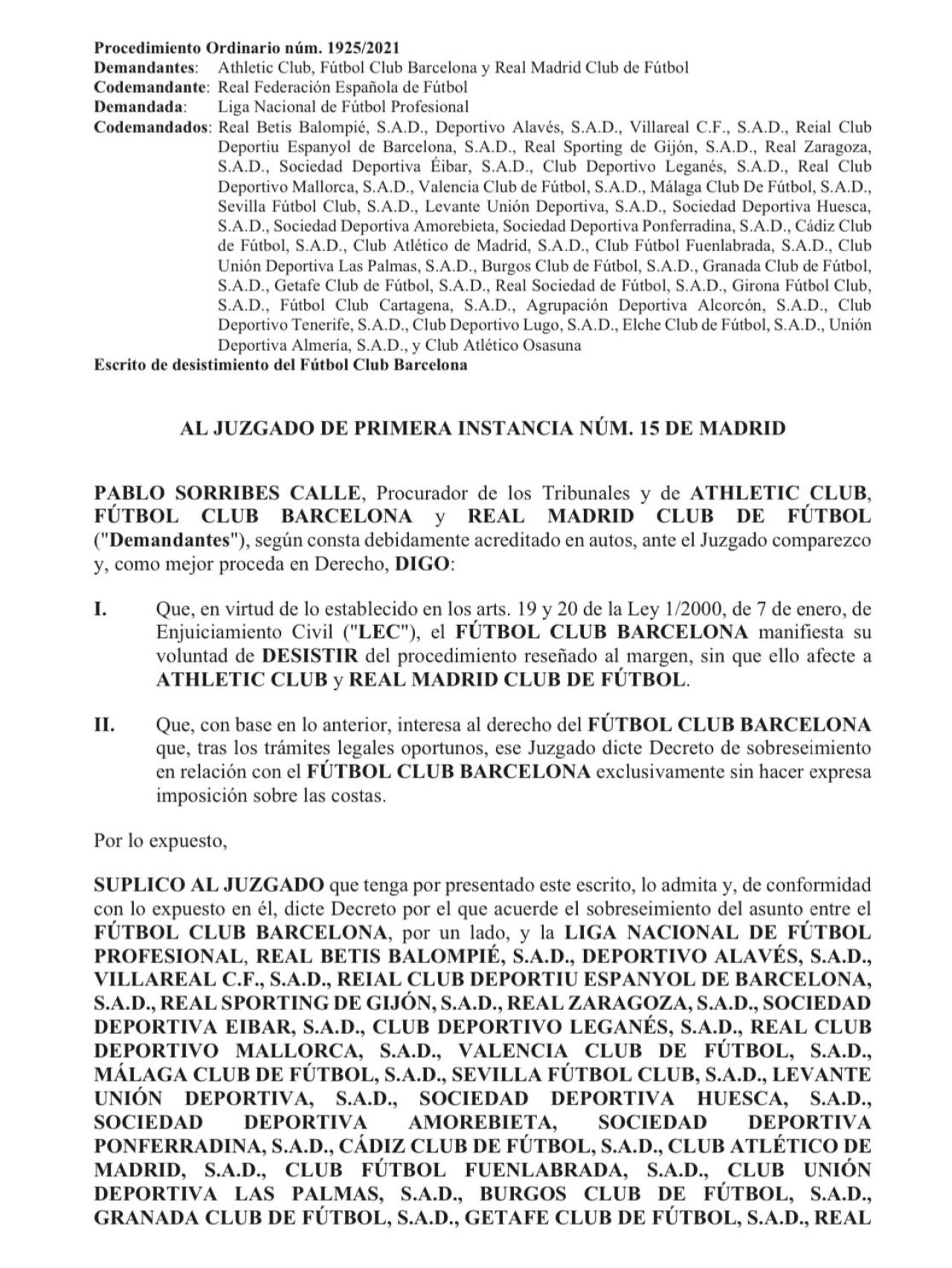 Escrito de desistimiento del Barça de la causa contra la Liga y CVC