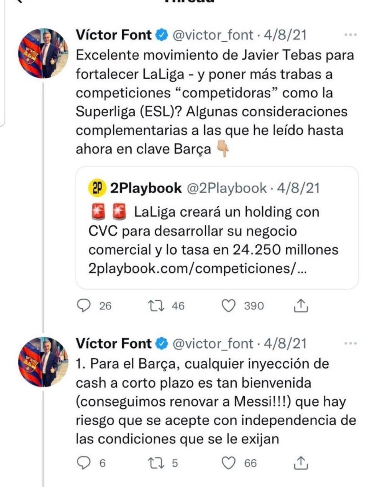 El tuit de Víctor Font dando su visto bueno al acuerdo con CVC / REDES