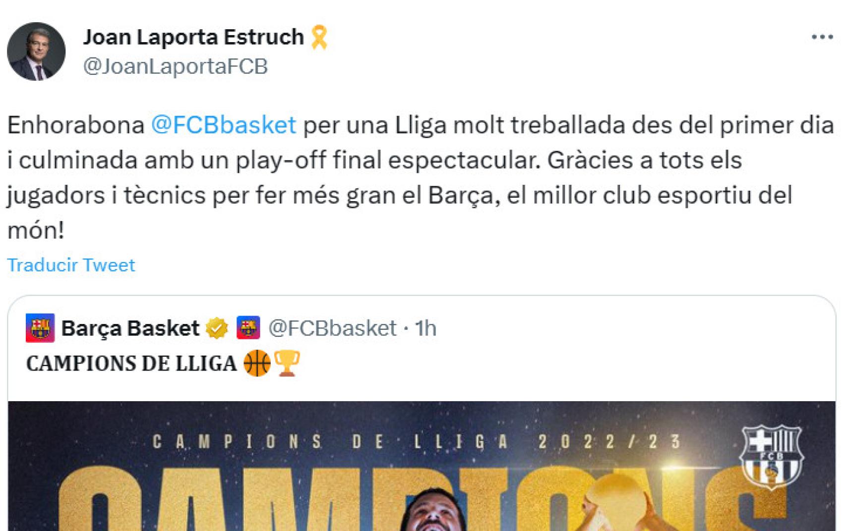 La felicitación de Joan Laporta al Barça de basket tras ganar la Liga Endesa
