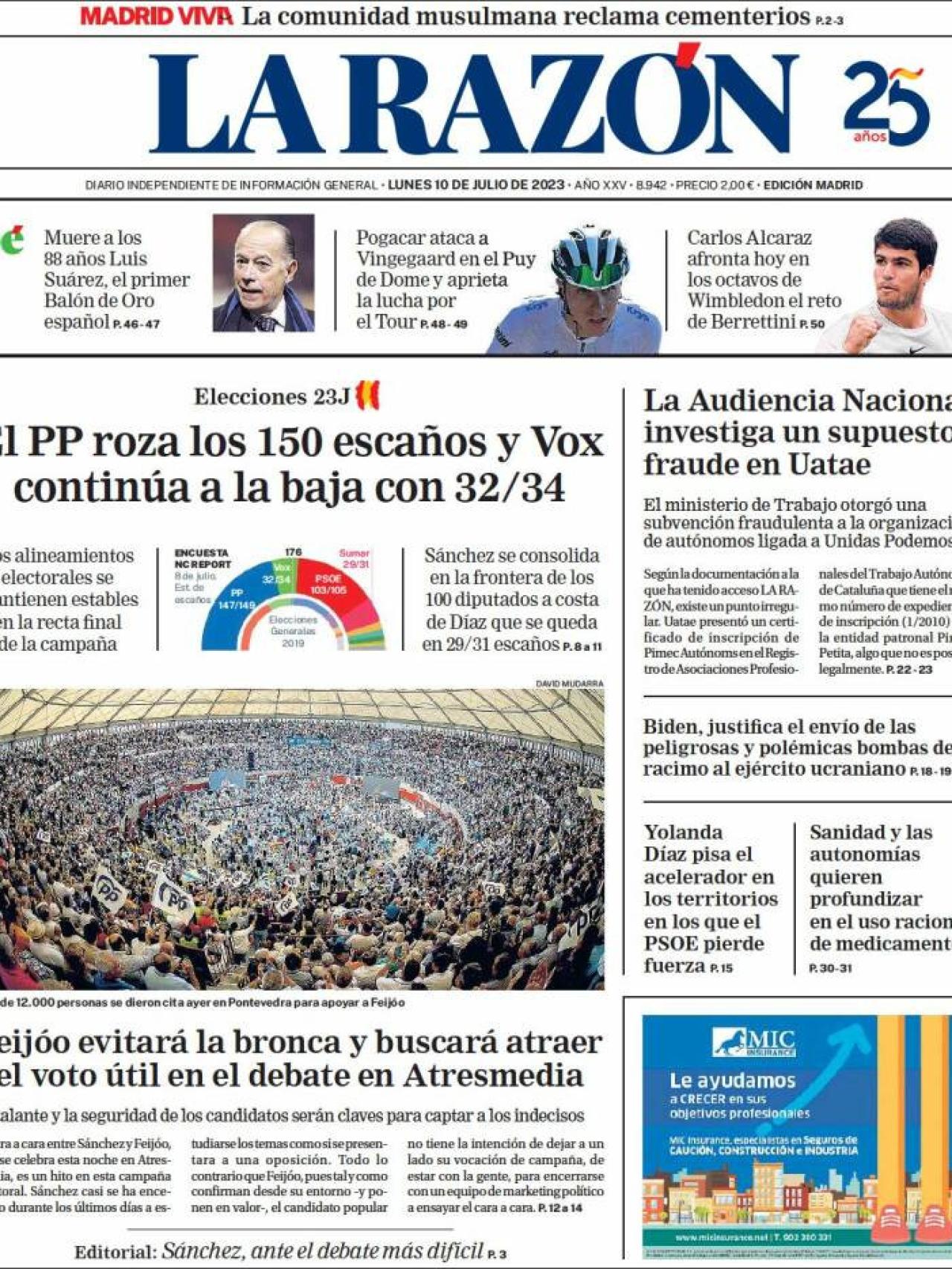 Portada de 'La Razón' de 10 de julio de 2023
