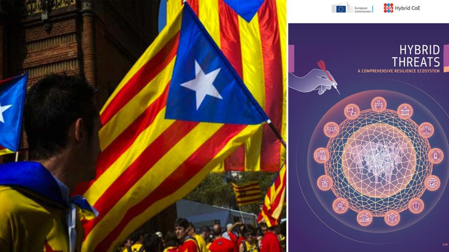 Manifestación secesionista en 2017 y a la derecha, portada del informe sobre amenazas híbridas de la Comisión Europea que habla de la injerencia rusa en el 'procés'